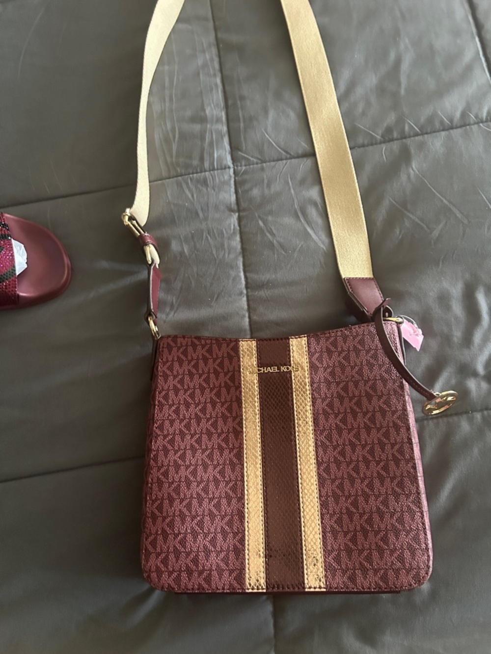 Michael Kors Maroon Crossbody with Cream and Brown Stripes